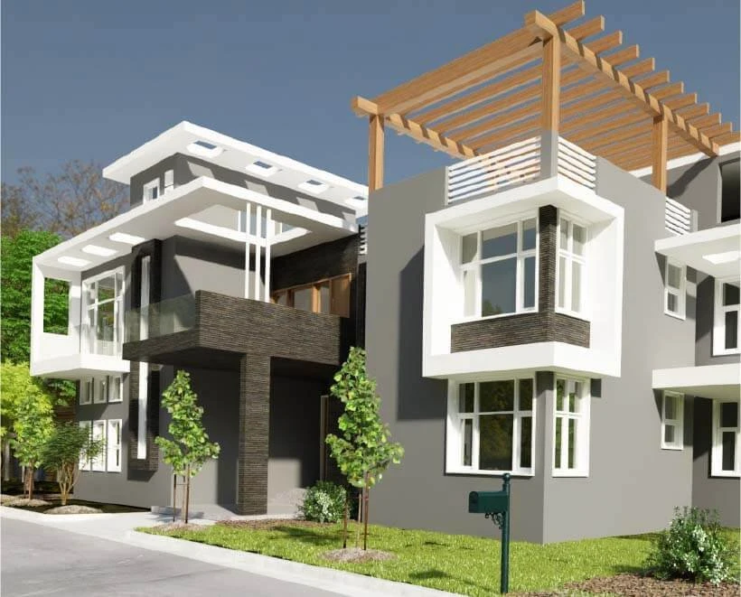 Modern white residential facade with timber pergola and balconies