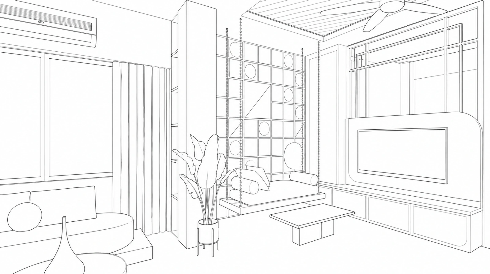 Illustrative architectural line drawing of the same living room, with white surfaces and no shading