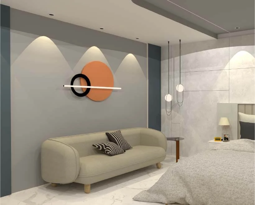 Cream contemporary living room with a sculptural pendant light and geometric wall artwork